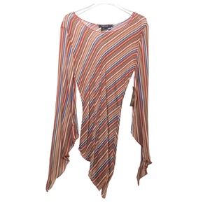 Rampage Y2K Sheer Striped Handkerchief Hem Bell Sleeve Tunic Red Blue XL NWT